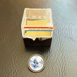 Vtg Sterling Silver CMR Porcelain Brooch Pin Blue White Dutch Delft Hand Painted